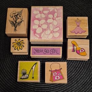 ASSORTED 'You Go Girl' Wood Mount Floral And Fashion Rubber Stamp Set, Set Of 8